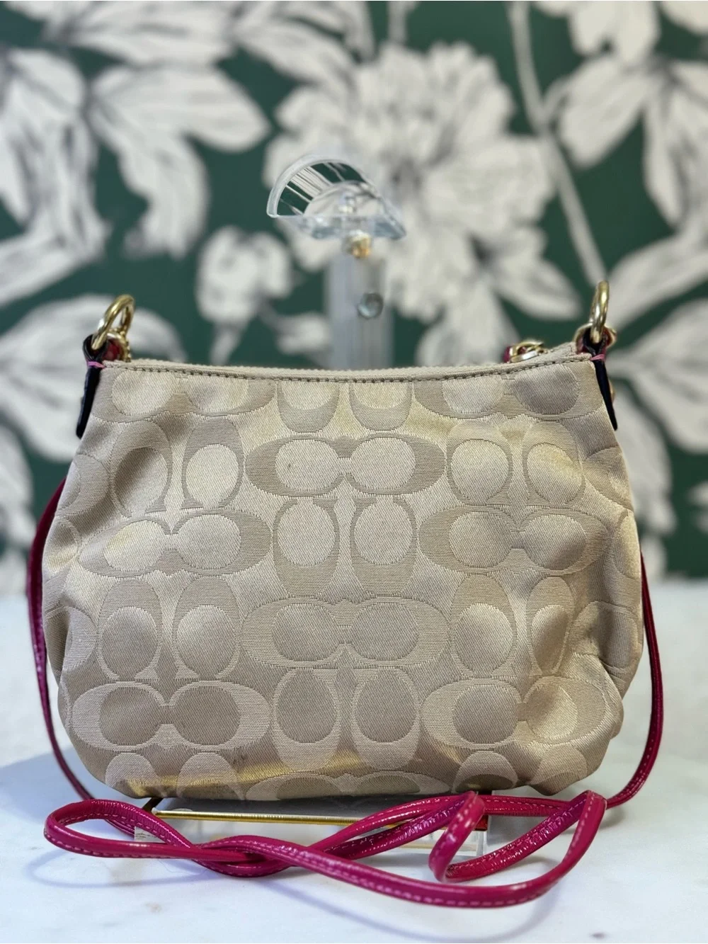 Coach Rare Poppy Tan Signature Canvas Crossbody with Pink Trim EUC
